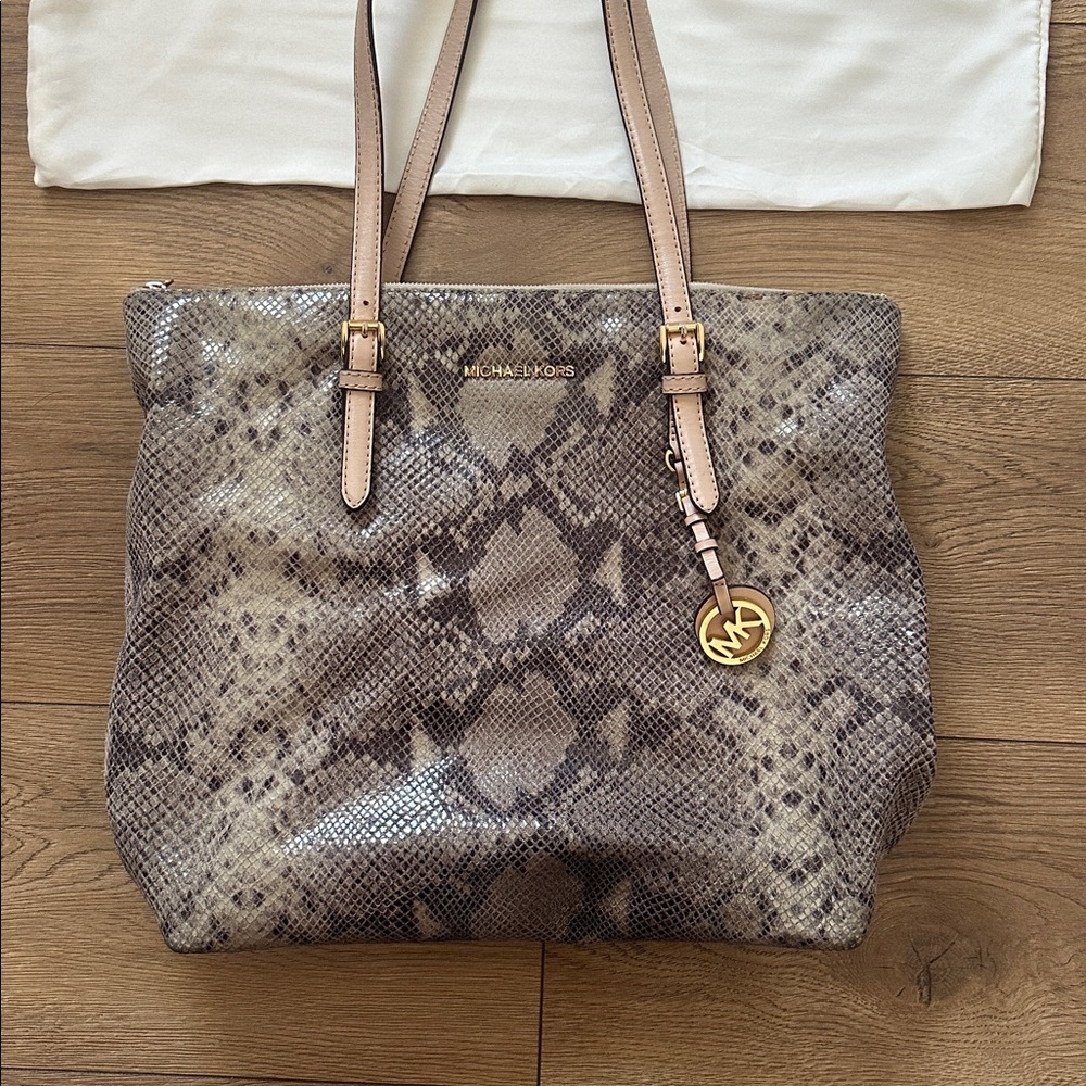 MICHAEL Michael Kors Brown Snake-Print Leather Tote with Gold Logo Charm